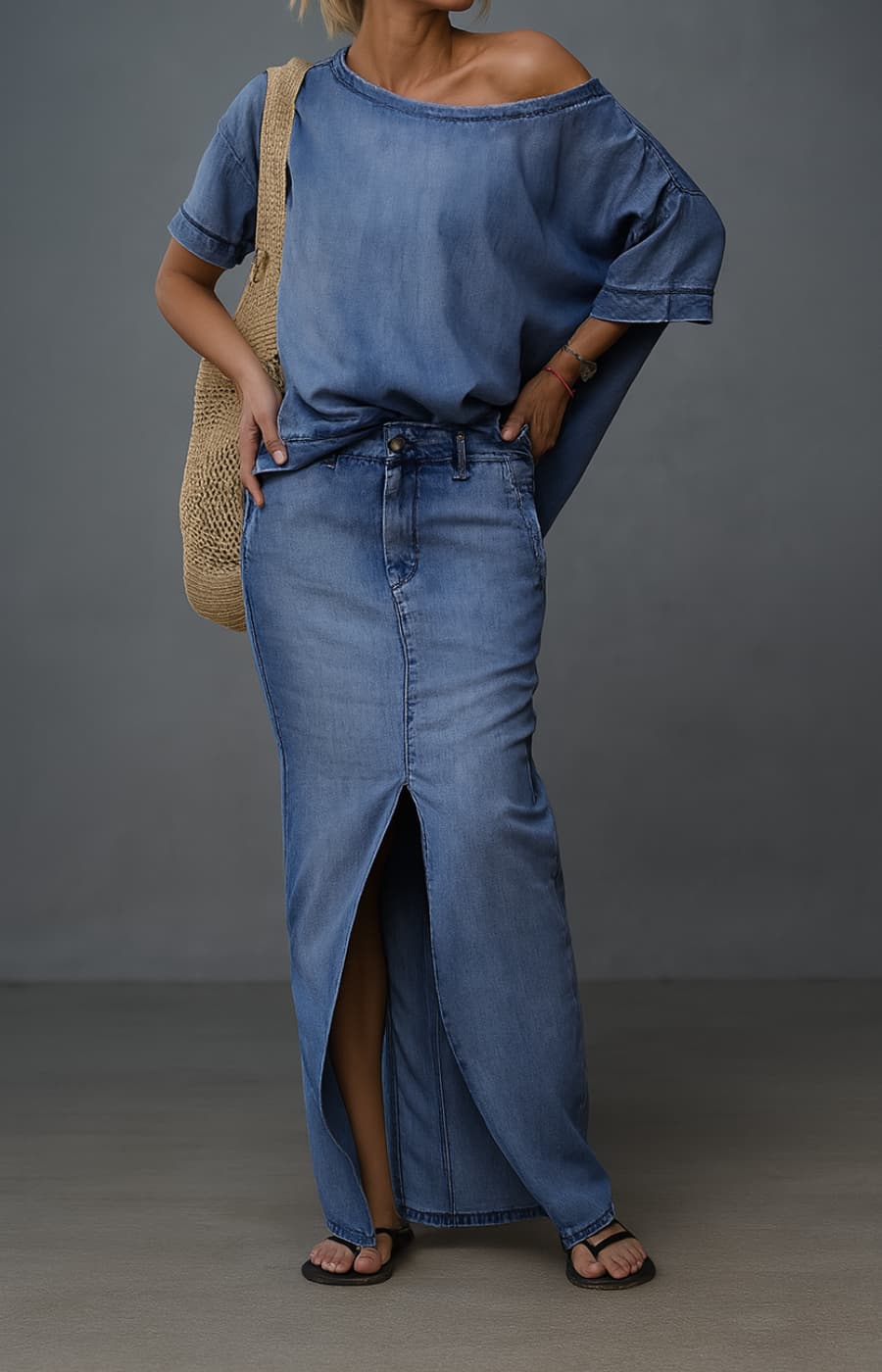 ARIANNA | CONJUNTO VAQUERO CON HOMBRO ASIMÉTRICO Y RAJAS ELEGANTES