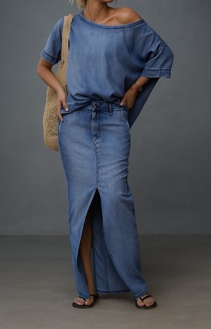 ARIANNA | CONJUNTO VAQUERO CON HOMBRO ASIMÉTRICO Y RAJAS ELEGANTES