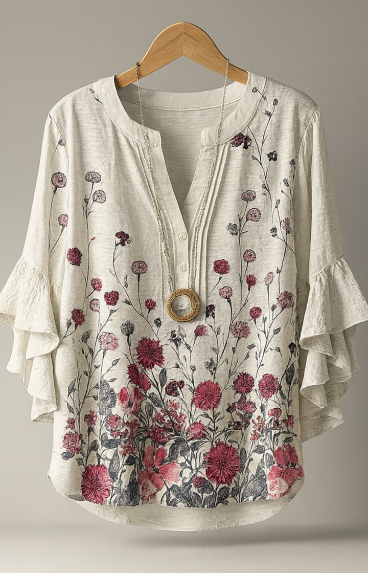 AZUCENA | BLUSA FLORAL CON VOLANTES Y DETALLE ARTESANAL