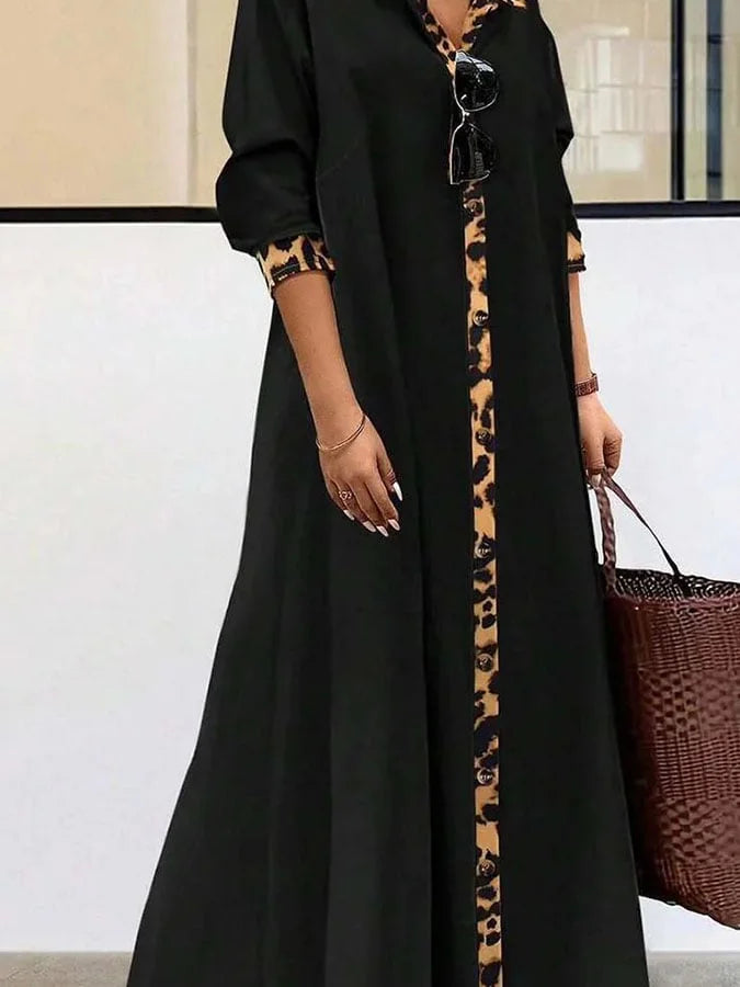 Women's Casual Solid Color Splicing Leopard Print Loose Dress