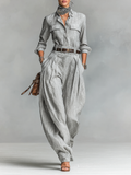 Women's Cotton-linen Blend Long-sleeved Shirt And Trousers Two-piece Set (belt Not Included)MDA3105G6Y