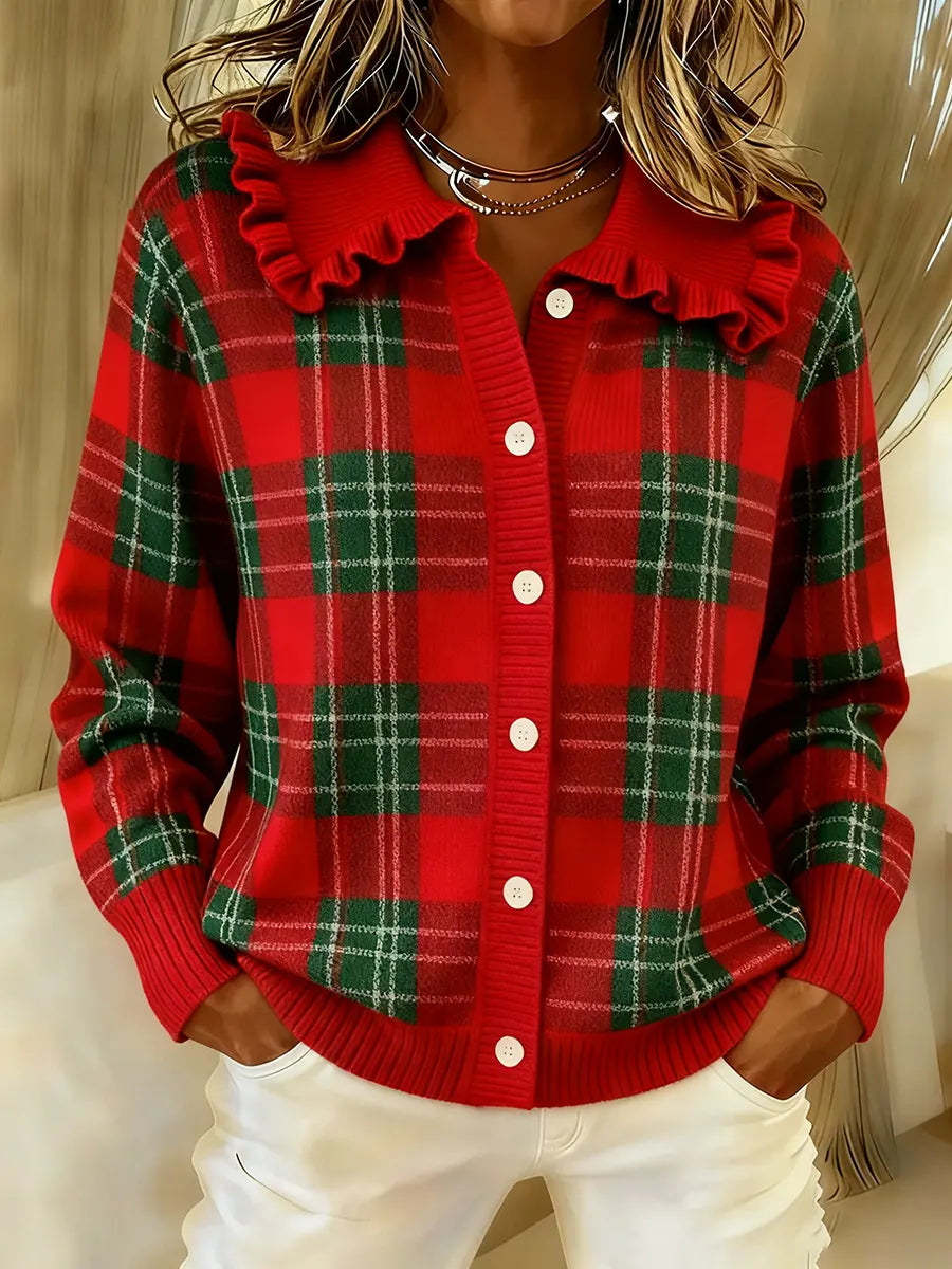 Margaret - Ruffled Plaid Cardigan Sweater