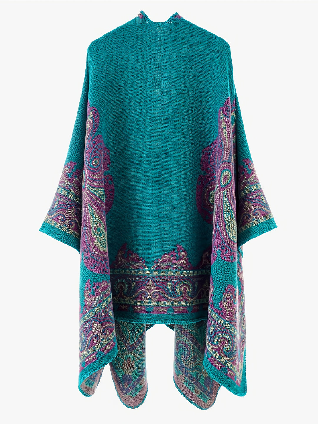 Women's Elegant Scottish Paisley Print Wrap Shawl Coat - Asymmetrical Long Sleeve All-Season Outerwear, Green & Brown Tartan Pattern, Versatile Travel & Formal Attire, Hand Washable Luxury Wrap Dress Accessory, Paisley Design with Green, Brown, and Golden