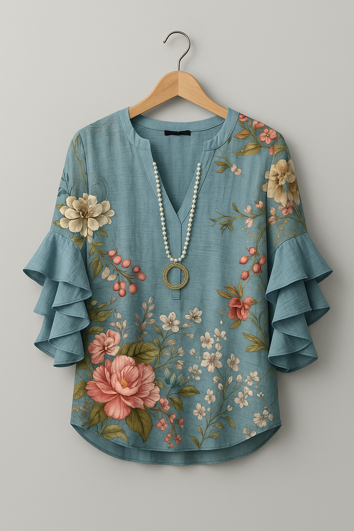 AZUCENA | BLUSA FLORAL CON VOLANTES Y DETALLE ARTESANAL