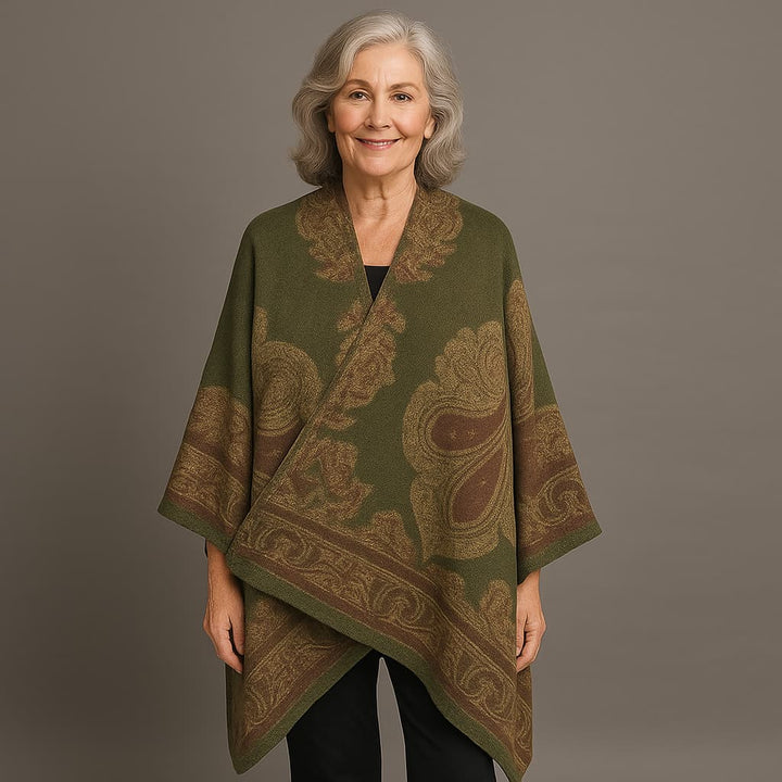 Women's Elegant Scottish Paisley Print Wrap Shawl Coat - Asymmetrical Long Sleeve All-Season Outerwear, Green & Brown Tartan Pattern, Versatile Travel & Formal Attire, Hand Washable Luxury Wrap Dress Accessory, Paisley Design with Green, Brown, and Golden