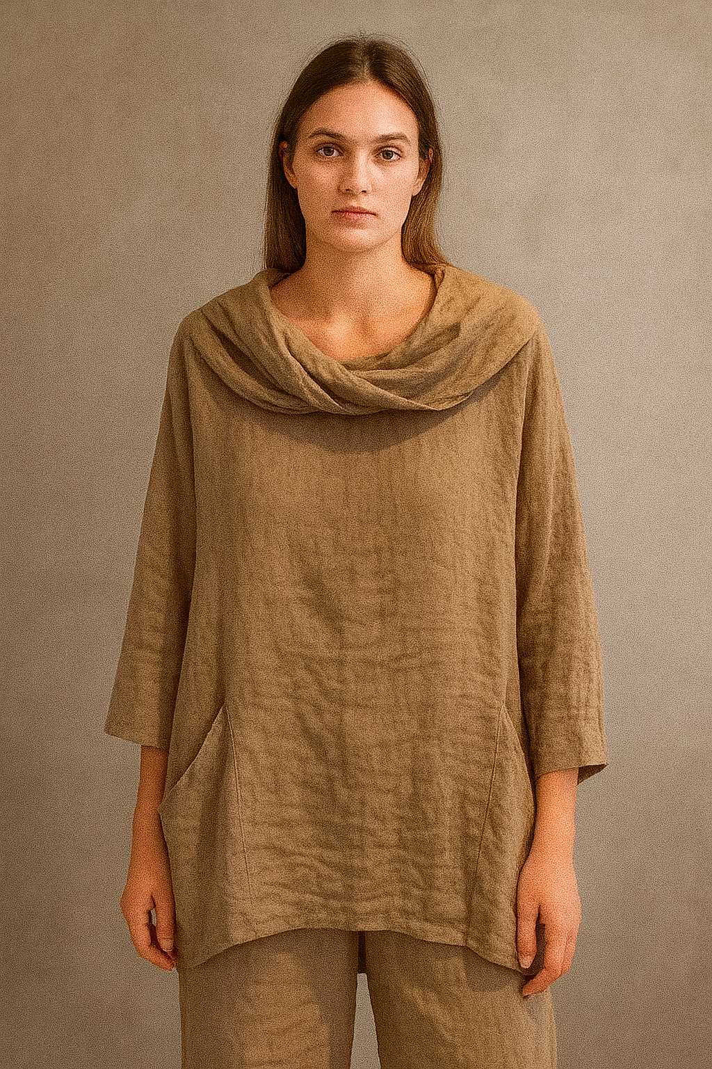 Women's Solid Color Draped Neck 3/4 Sleeve Comfortable Casual Linen Pocket Top