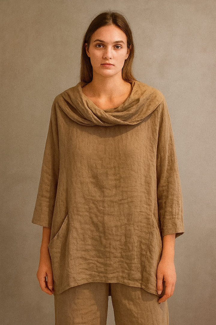 Women's Solid Color Draped Neck 3/4 Sleeve Comfortable Casual Linen Pocket Top