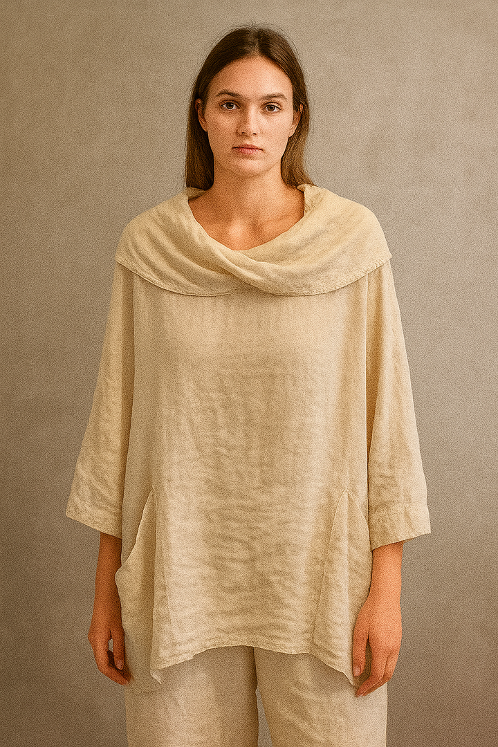 Women's Solid Color Draped Neck 3/4 Sleeve Comfortable Casual Linen Pocket Top