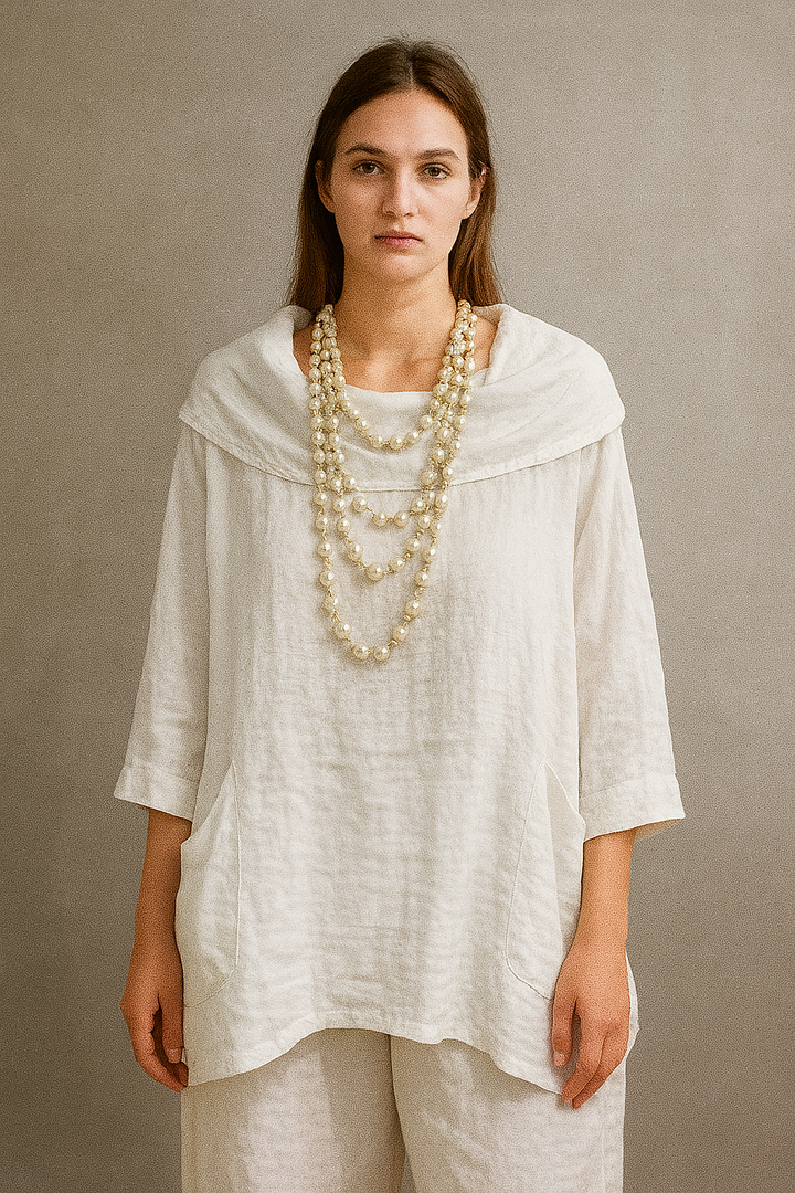 Women's Solid Color Draped Neck 3/4 Sleeve Comfortable Casual Linen Pocket Top