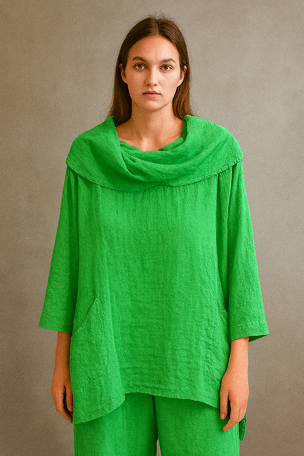 Women's Solid Color Draped Neck 3/4 Sleeve Comfortable Casual Linen Pocket Top