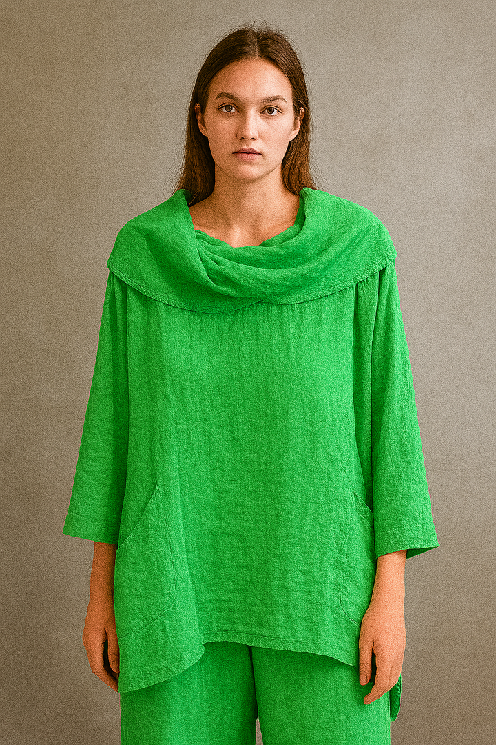 Women's Solid Color Draped Neck 3/4 Sleeve Comfortable Casual Linen Pocket Top