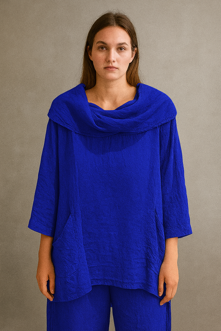 Women's Solid Color Draped Neck 3/4 Sleeve Comfortable Casual Linen Pocket Top