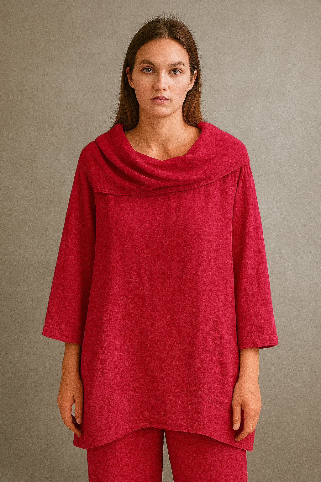 Women's Solid Color Draped Neck 3/4 Sleeve Comfortable Casual Linen Pocket Top