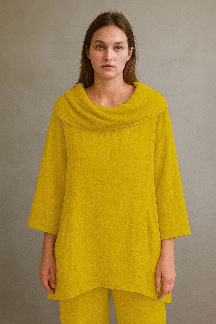 Women's Solid Color Draped Neck 3/4 Sleeve Comfortable Casual Linen Pocket Top