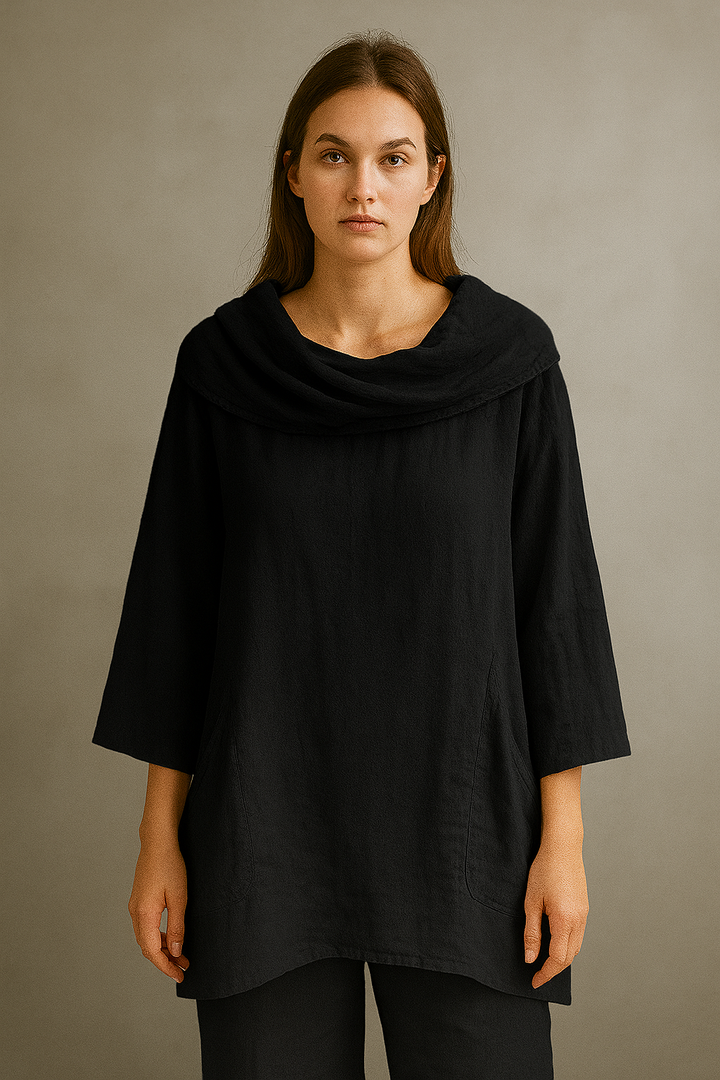 Women's Solid Color Draped Neck 3/4 Sleeve Comfortable Casual Linen Pocket Top