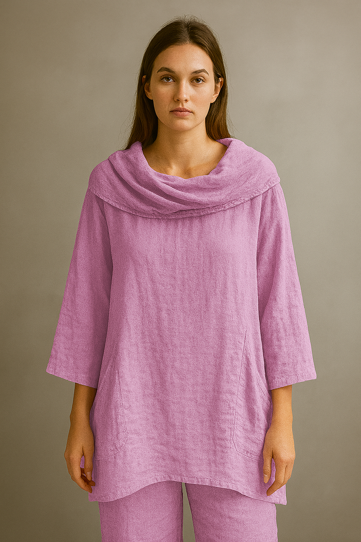 Women's Solid Color Draped Neck 3/4 Sleeve Comfortable Casual Linen Pocket Top