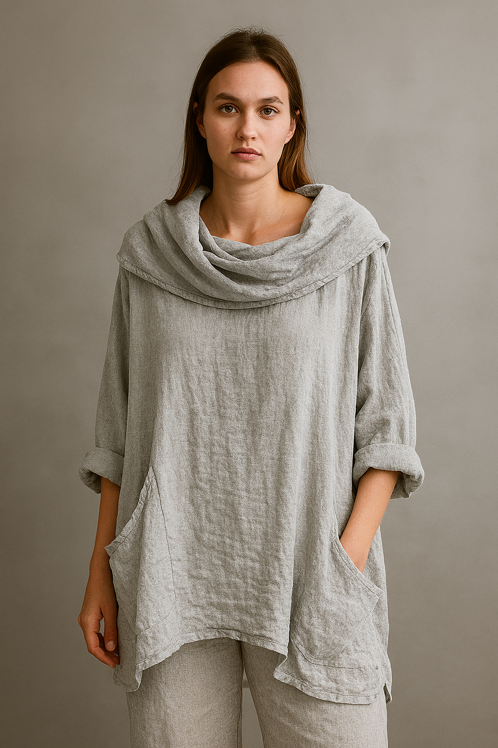 Women's Solid Color Draped Neck 3/4 Sleeve Comfortable Casual Linen Pocket Top