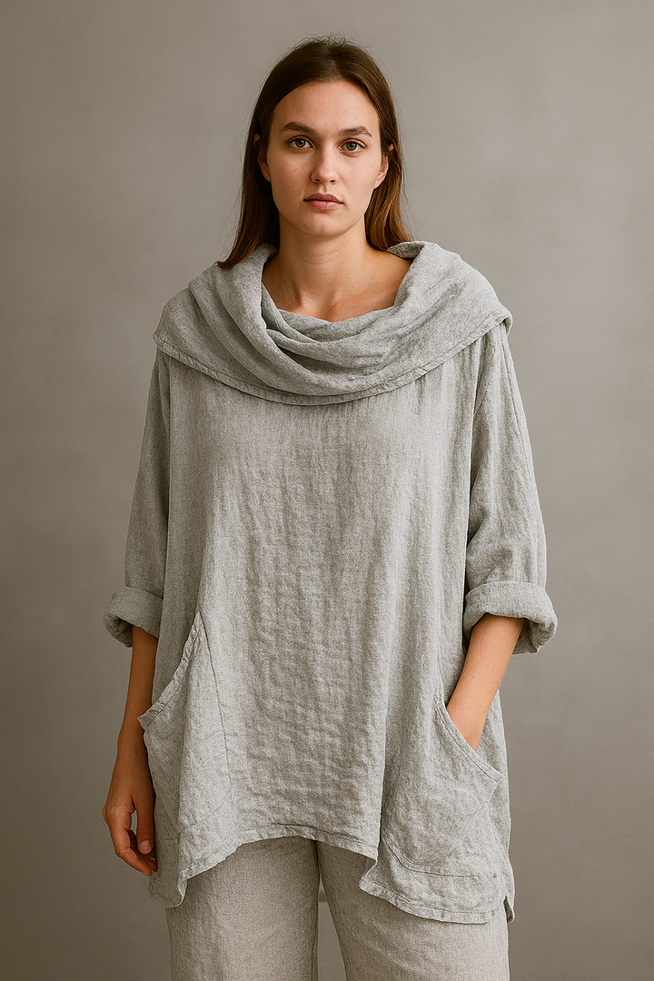 Women's Solid Color Draped Neck 3/4 Sleeve Comfortable Casual Linen Pocket Top