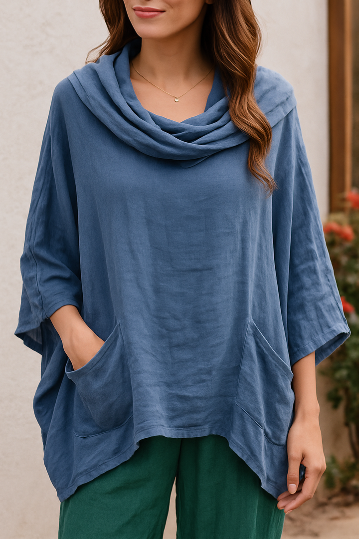 Women's Solid Color Draped Neck 3/4 Sleeve Comfortable Casual Linen Pocket Top