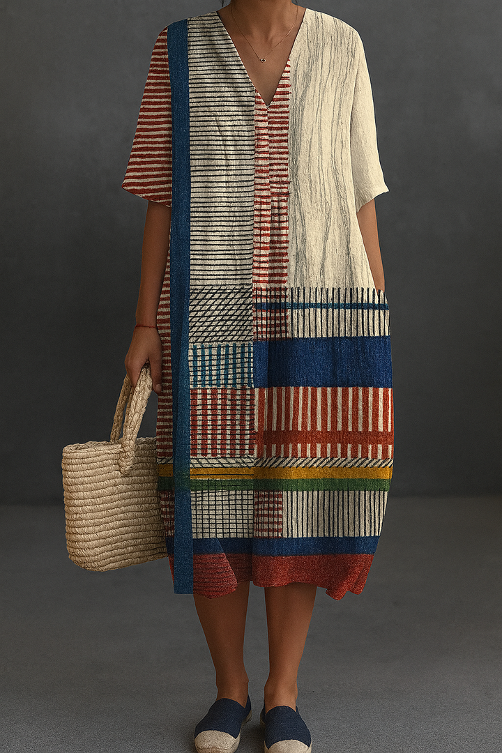 Women's Vintage Geometric Line Art Print Cotton Dress