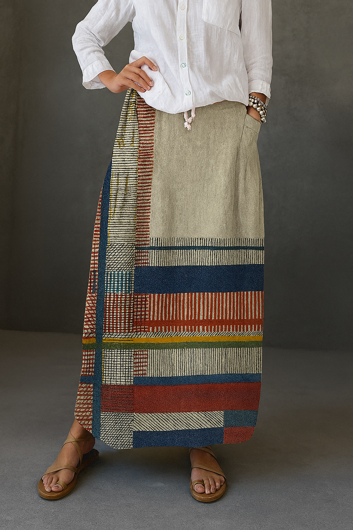 Women's Vintage Geometric Line Art Print Cotton Dress