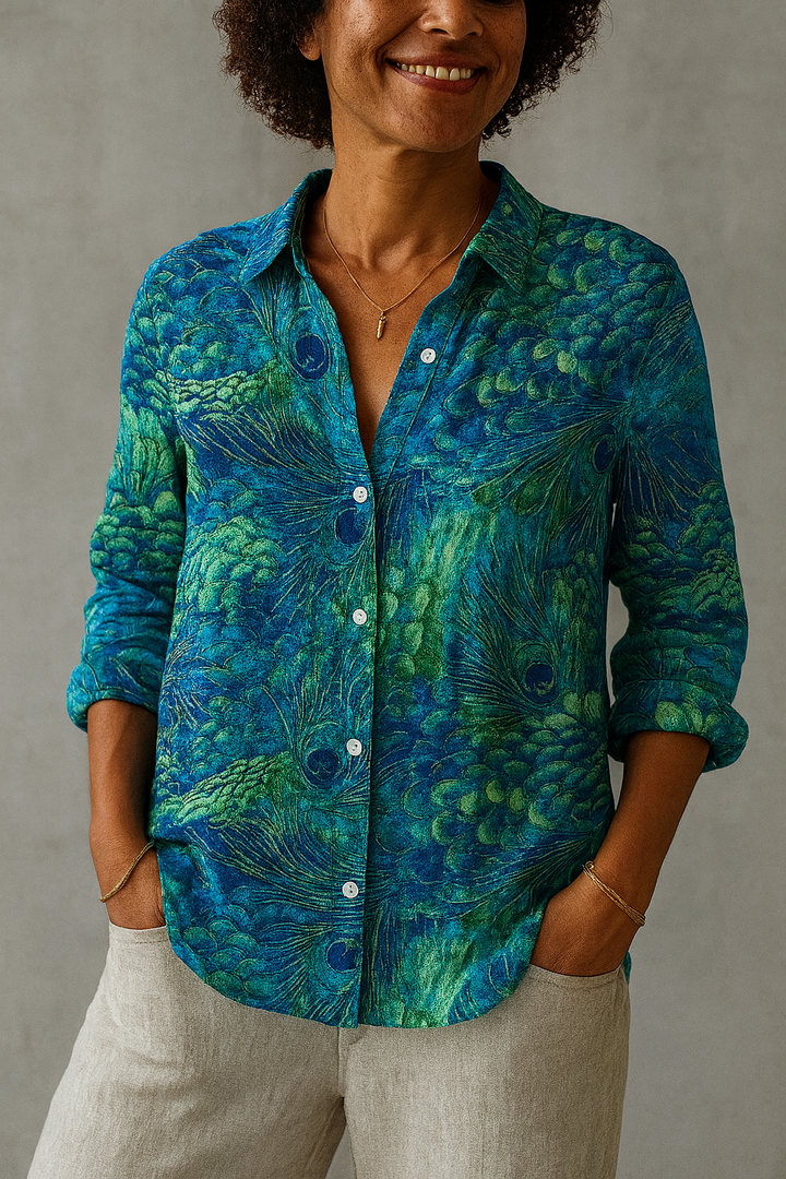 Women's Peacock Feather Pattern Art Print Casual Cotton Linen V-neck Shirt