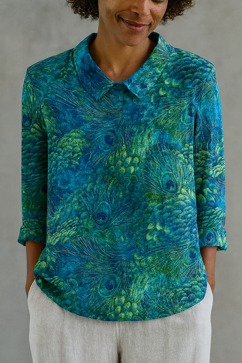 Women's Peacock Feather Pattern Art Print Casual Cotton Linen V-neck Shirt