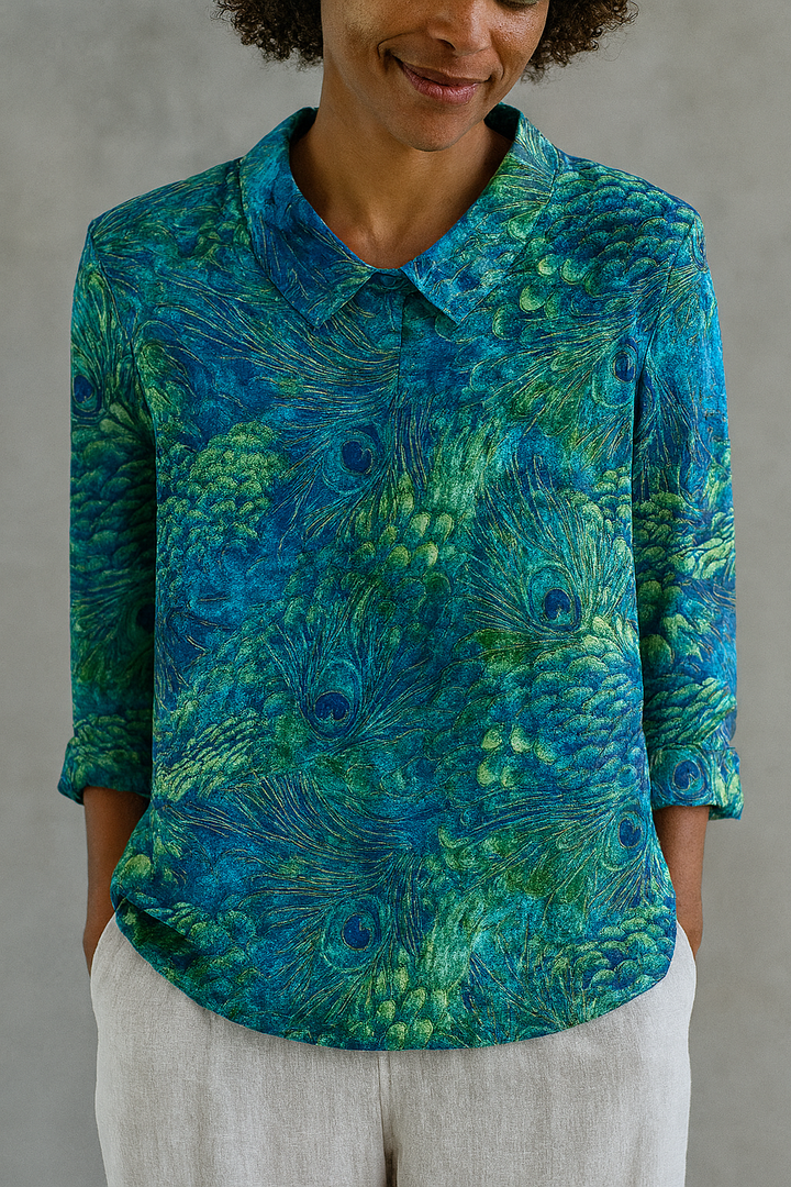 Women's Peacock Feather Pattern Art Print Casual Cotton Linen V-neck Shirt