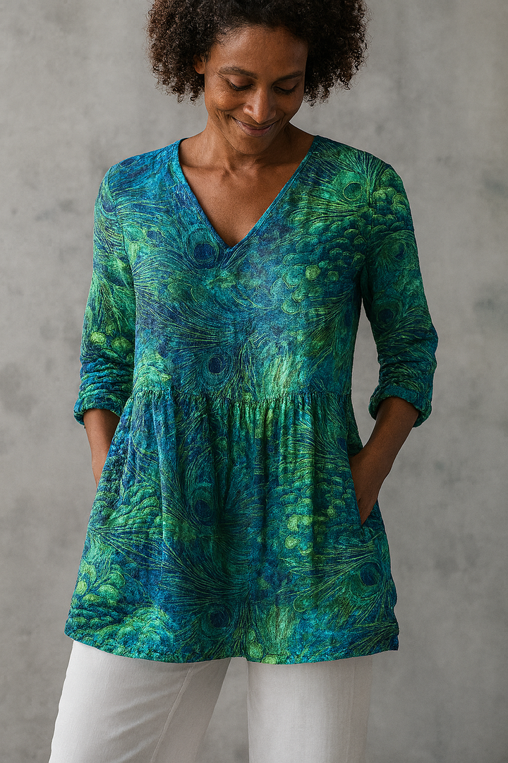 Women's Peacock Feather Pattern Art Print Casual Cotton Linen V-neck Shirt