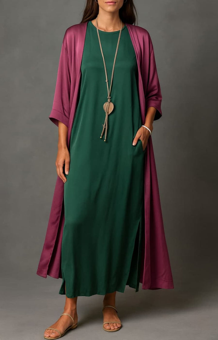 AURELIA | CONJUNTO ELEGANTE DE VESTIDO Y CÁRDIGAN EN SATÉN