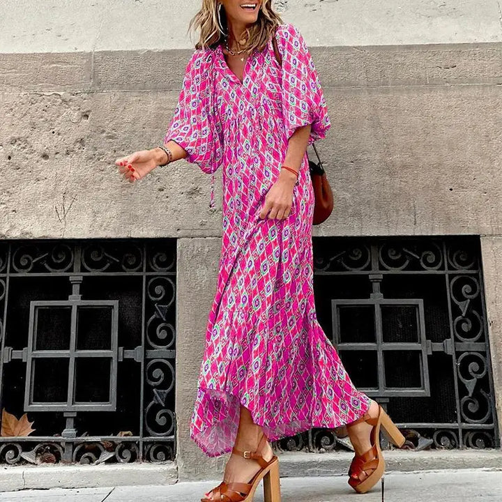 Women Dress Summer Puff SleeveBoho V Neck Printing Long Dress LooseHoliday Beach Female Casual FloralDresses Party Vestidos