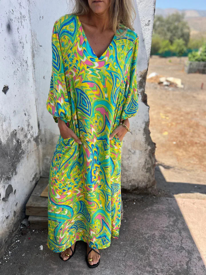 2025 Spring Summer Women's V-Neck Leopard Print Dress - Relaxed Fit 3/4 Sleeve Pocket Dress Casual Elegant Tunic Maxi