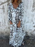 2025 Spring Summer Women's V-Neck Leopard Print Dress - Relaxed Fit 3/4 Sleeve Pocket Dress Casual Elegant Tunic Maxi