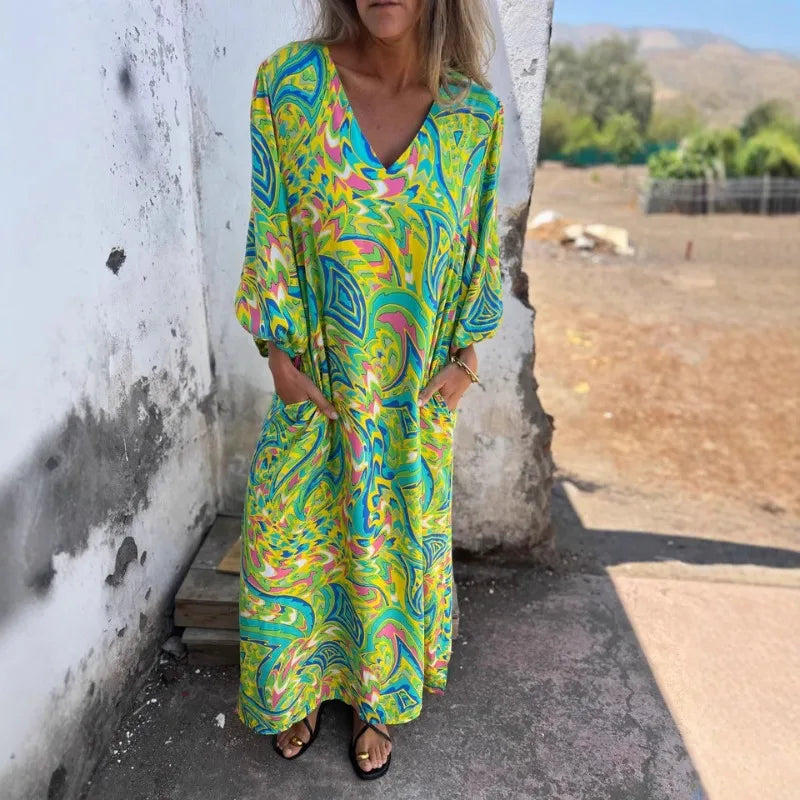 2025 Spring Summer Women's V-Neck Leopard Print Dress - Relaxed Fit 3/4 Sleeve Pocket Dress Casual Elegant Tunic Maxi