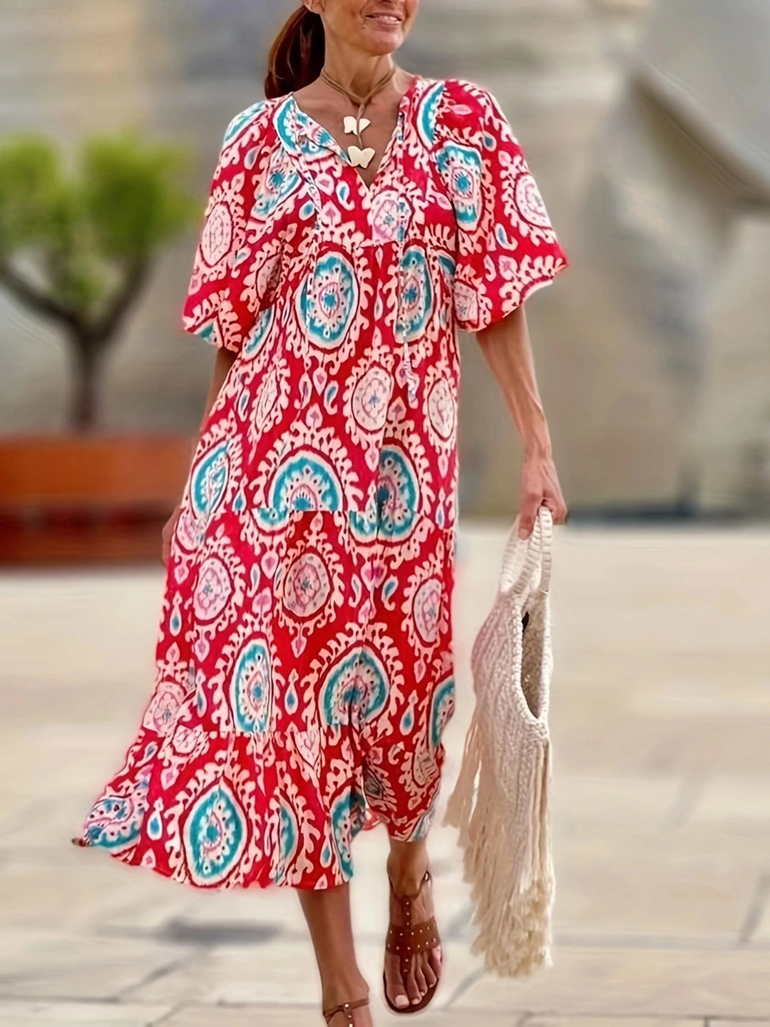 Women Dress Summer Puff SleeveBoho V Neck Printing Long Dress LooseHoliday Beach Female Casual FloralDresses Party Vestidos