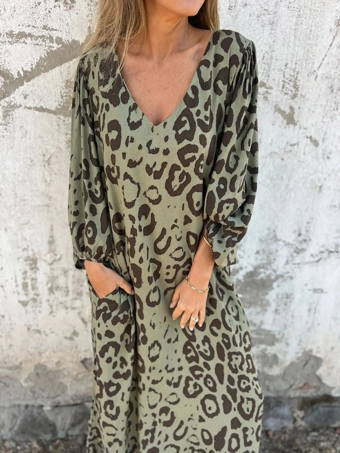 2025 Spring Summer Women's V-Neck Leopard Print Dress - Relaxed Fit 3/4 Sleeve Pocket Dress Casual Elegant Tunic Maxi
