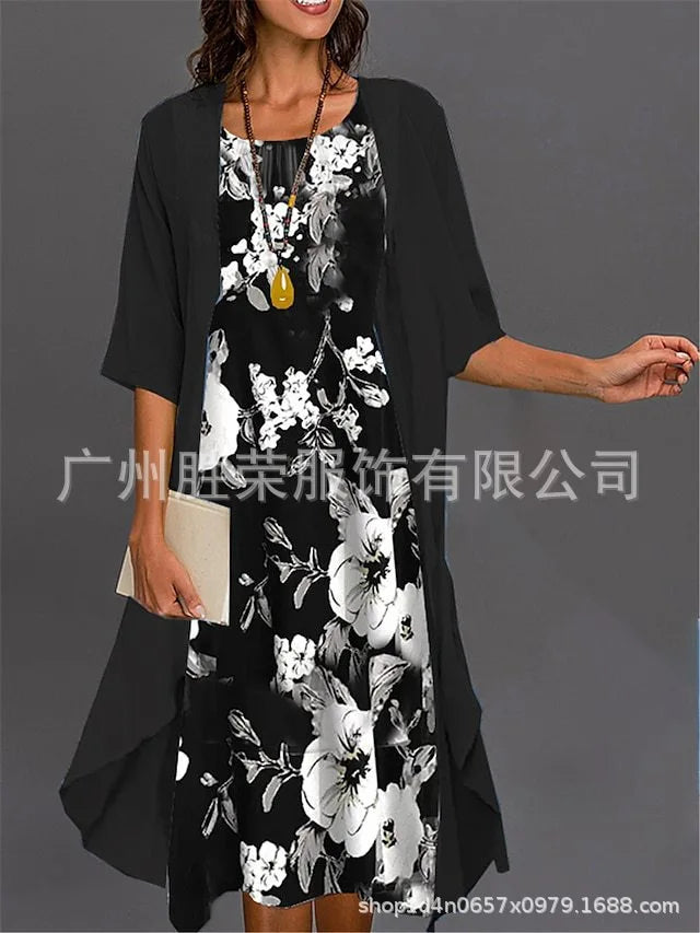 جديد عبر الحدود سبعة كم مطبوعة سترة مفتوحة تنورة طويلة الشيفون فضفاضة الخصر أنيقة التنقل الملابس النسائية