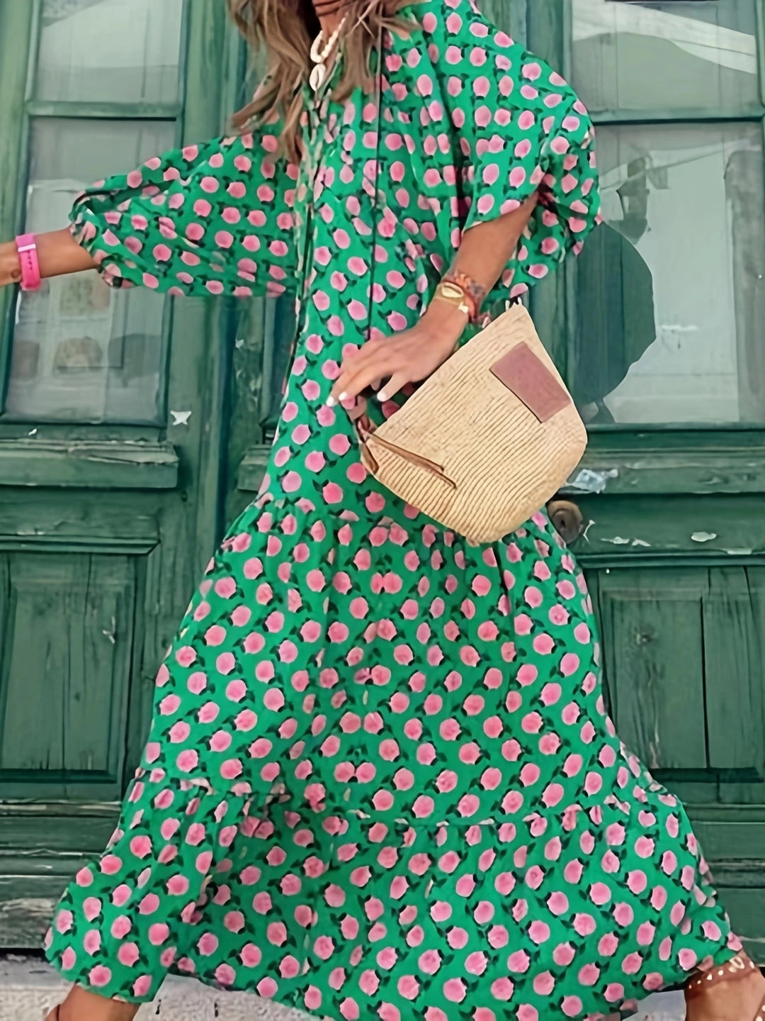 Women Dress Summer Puff SleeveBoho V Neck Printing Long Dress LooseHoliday Beach Female Casual FloralDresses Party Vestidos