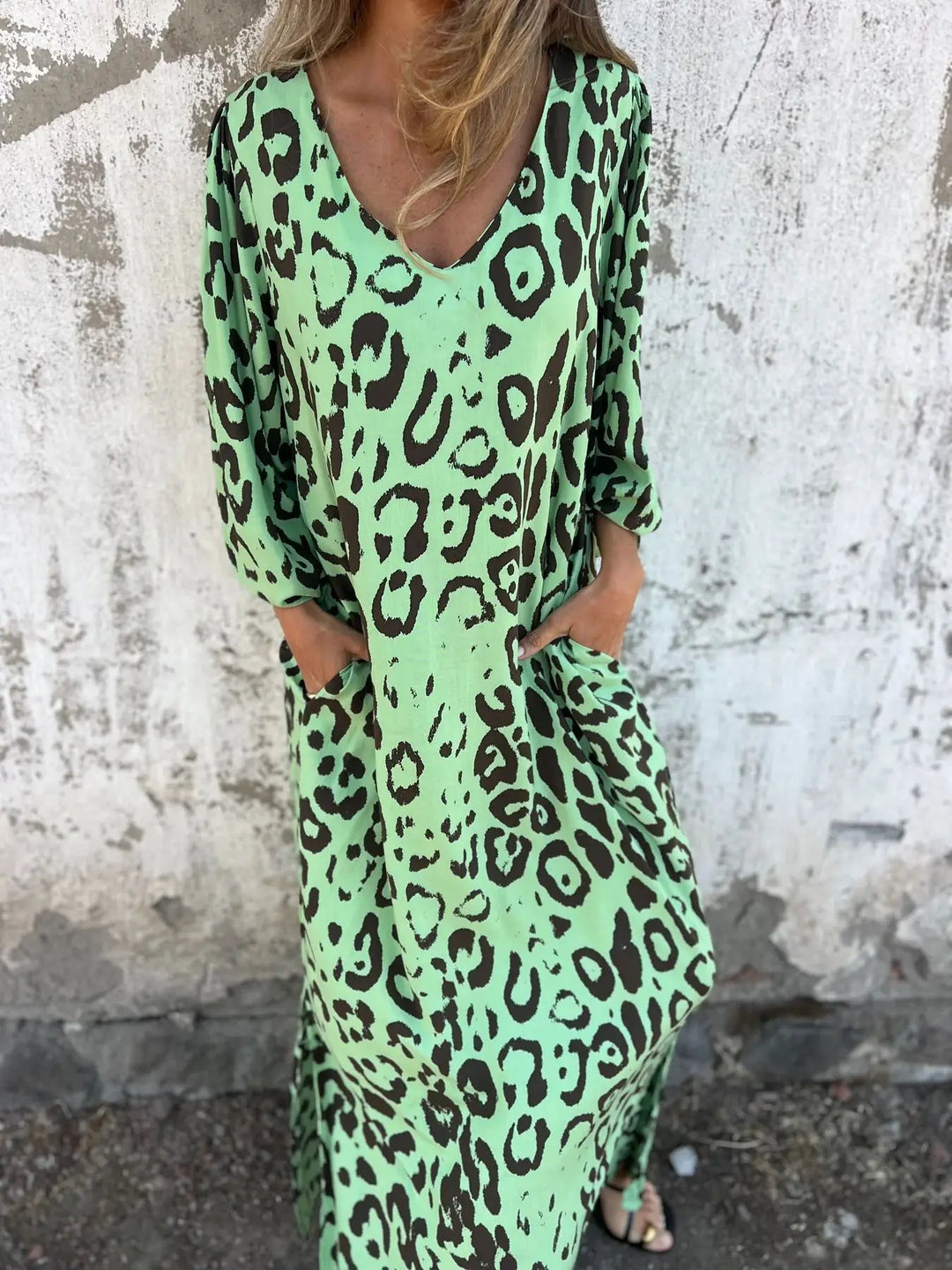 2025 Spring Summer Women's V-Neck Leopard Print Dress - Relaxed Fit 3/4 Sleeve Pocket Dress Casual Elegant Tunic Maxi