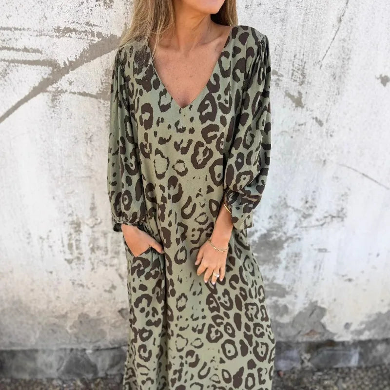 2025 Spring Summer Women's V-Neck Leopard Print Dress - Relaxed Fit 3/4 Sleeve Pocket Dress Casual Elegant Tunic Maxi