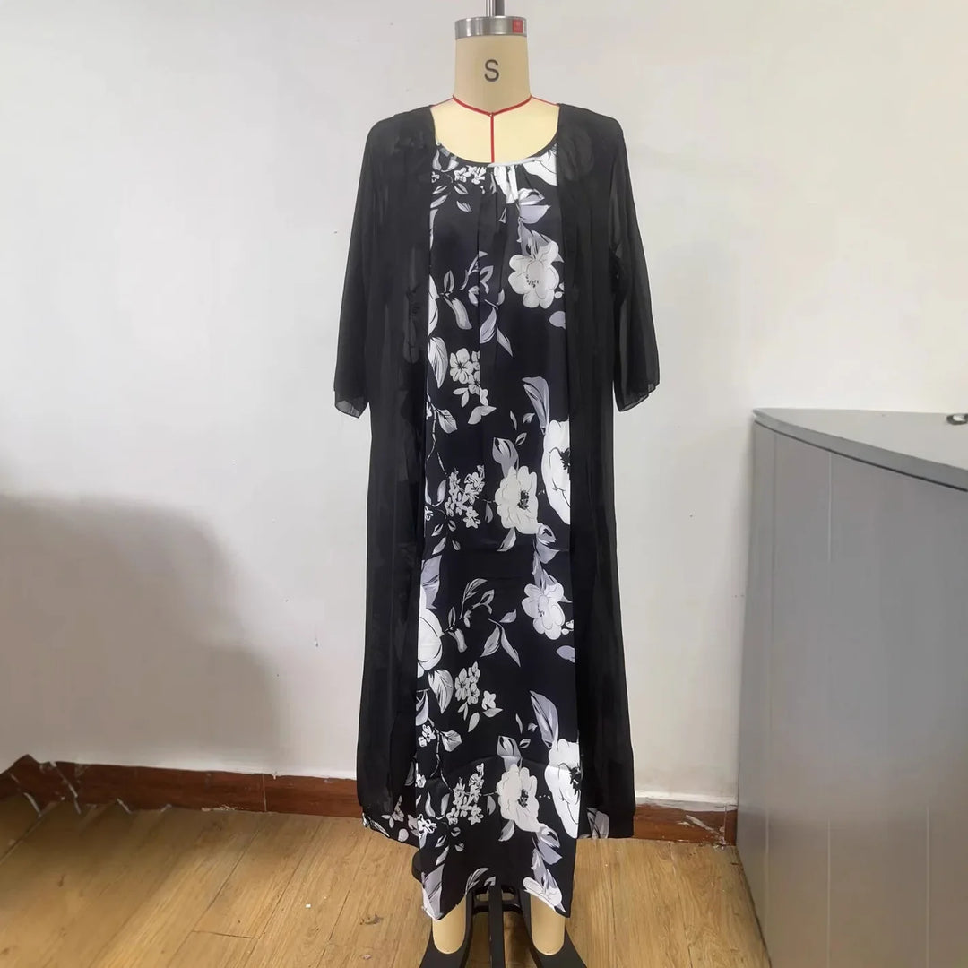 جديد عبر الحدود سبعة كم مطبوعة سترة مفتوحة تنورة طويلة الشيفون فضفاضة الخصر أنيقة التنقل الملابس النسائية