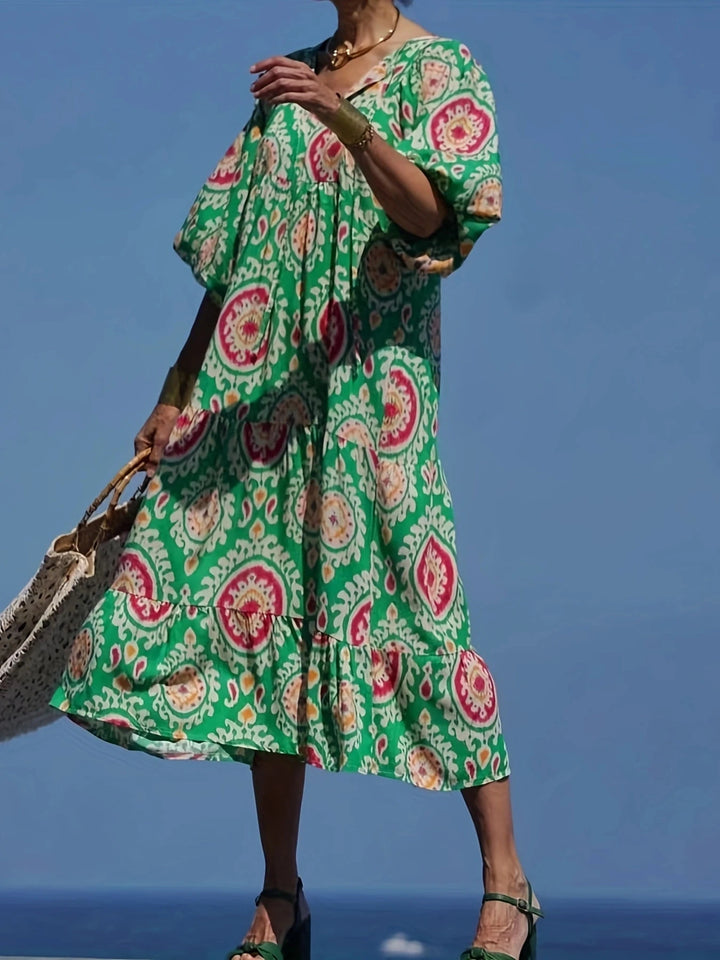 Women Dress Summer Puff SleeveBoho V Neck Printing Long Dress LooseHoliday Beach Female Casual FloralDresses Party Vestidos