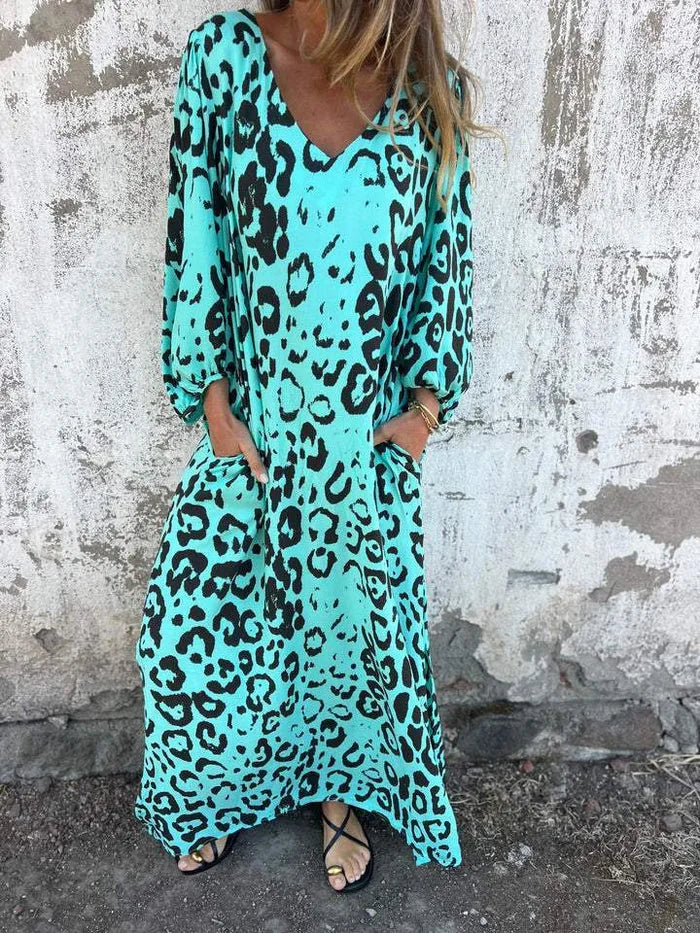 2025 Spring Summer Women's V-Neck Leopard Print Dress - Relaxed Fit 3/4 Sleeve Pocket Dress Casual Elegant Tunic Maxi