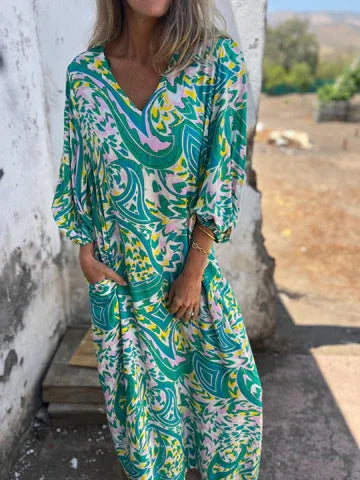 2025 Spring Summer Women's V-Neck Leopard Print Dress - Relaxed Fit 3/4 Sleeve Pocket Dress Casual Elegant Tunic Maxi