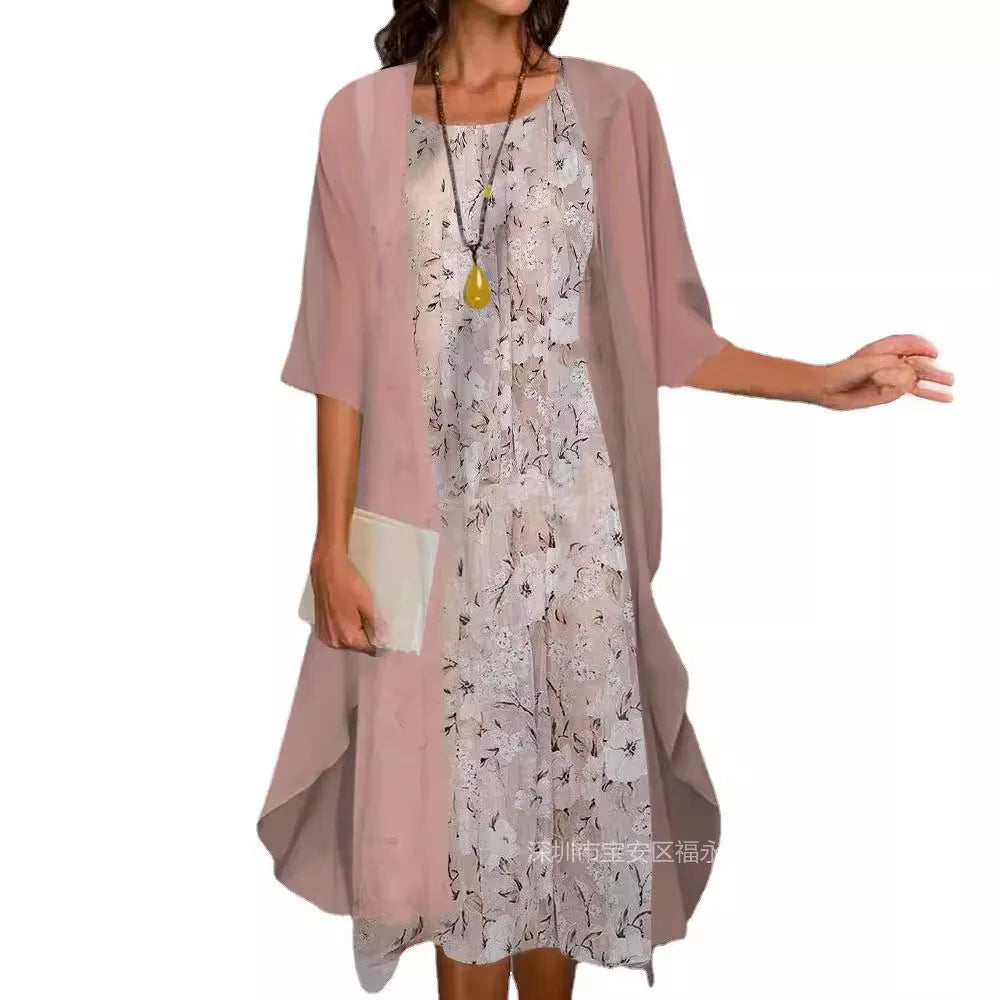 جديد عبر الحدود سبعة كم مطبوعة سترة مفتوحة تنورة طويلة الشيفون فضفاضة الخصر أنيقة التنقل الملابس النسائية