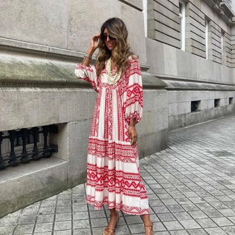 Women Dress Summer Puff SleeveBoho V Neck Printing Long Dress LooseHoliday Beach Female Casual FloralDresses Party Vestidos