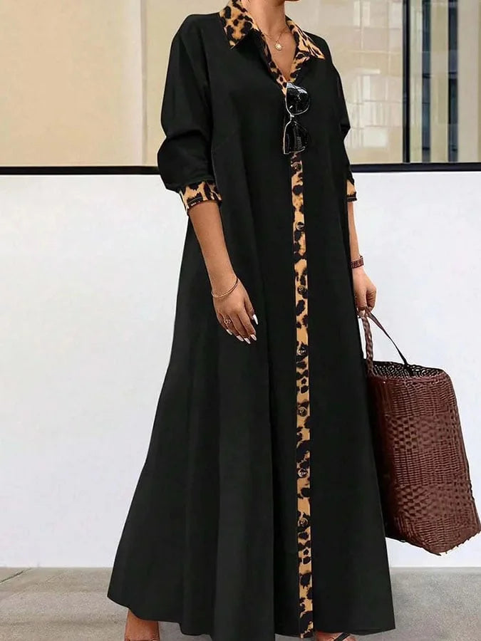 Women's Casual Solid Color Splicing Leopard Print Loose Dress