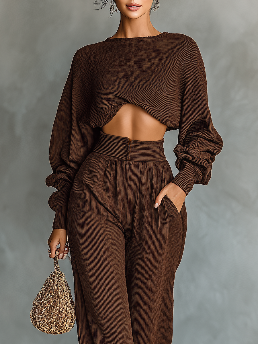 Women's Coffee-colored Short Top And Wide-leg Pants Knitted Set MDA3000G6T