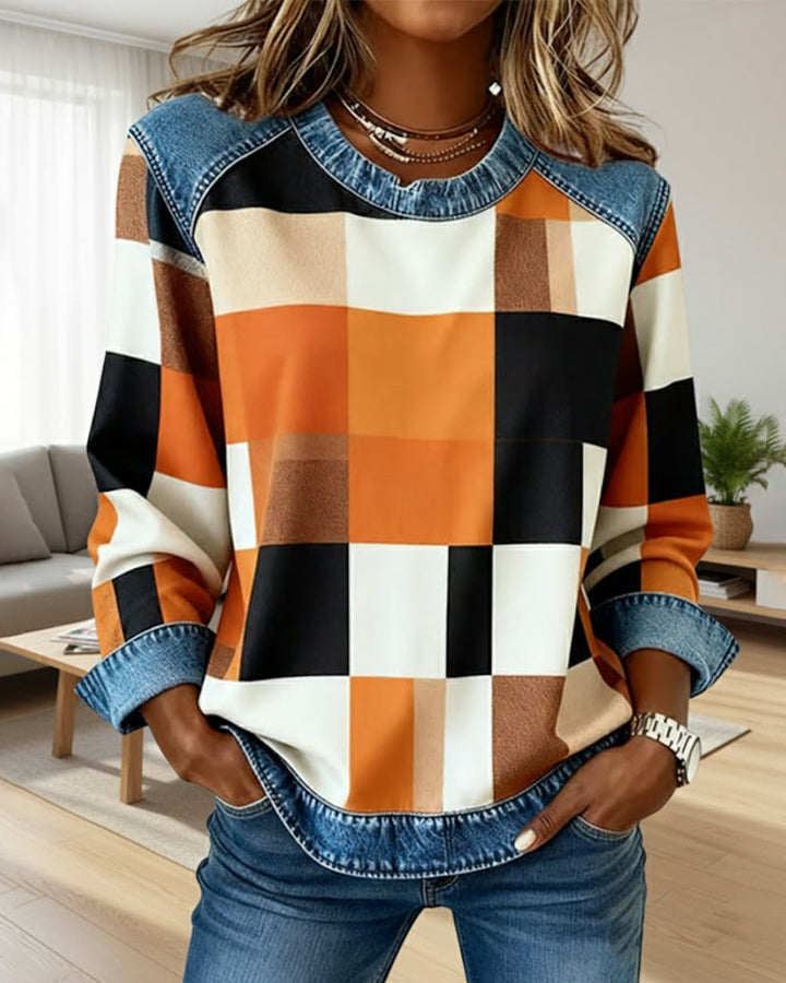 Joyce® | Sweatshirt with Check Patchwork and Contrast Color