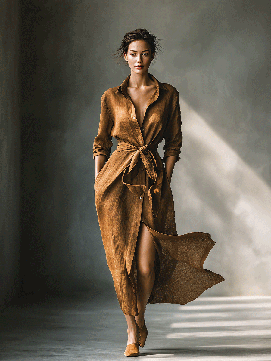 Women's Vintage Brown Blend Shirt Maxi Dress